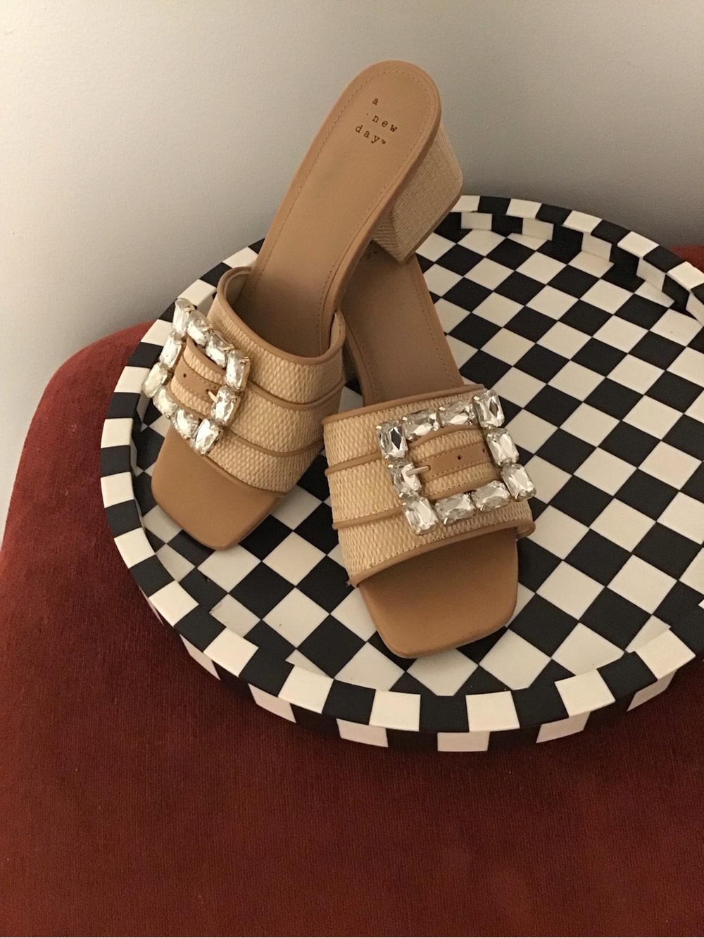 A New Day Beige Gem-Embellished Block Heel Mules